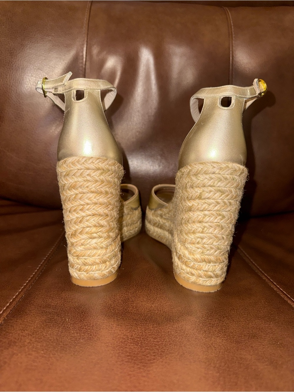 Stuart Weitzman Gold Espadrille Wedge Sandals with Ankle Strap - Picture 6 of 8